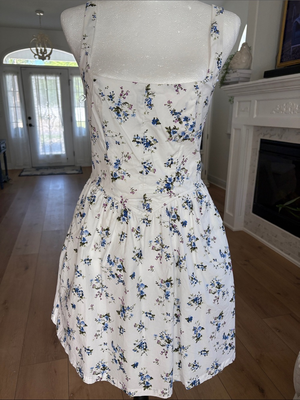 White Floral Sundress with Blue Bouquet Print